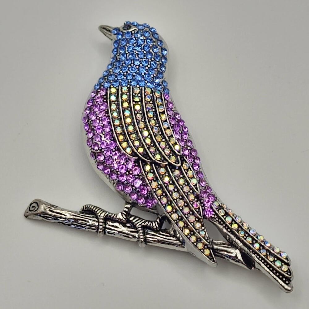 Bird on Branch Brooch Multicolor Rhinestones on Silver Tone Metal